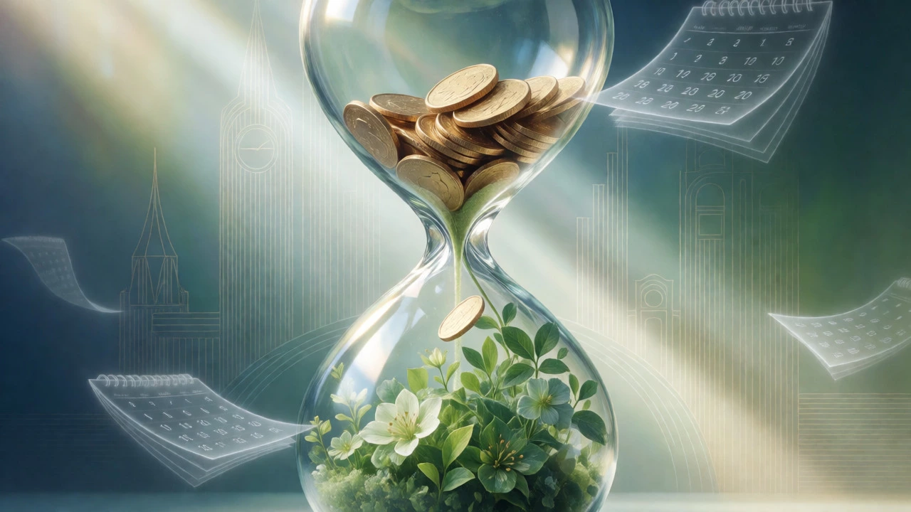 Abstract visual of gold coins turning into plants inside an hourglass, symbolizing compound interest.