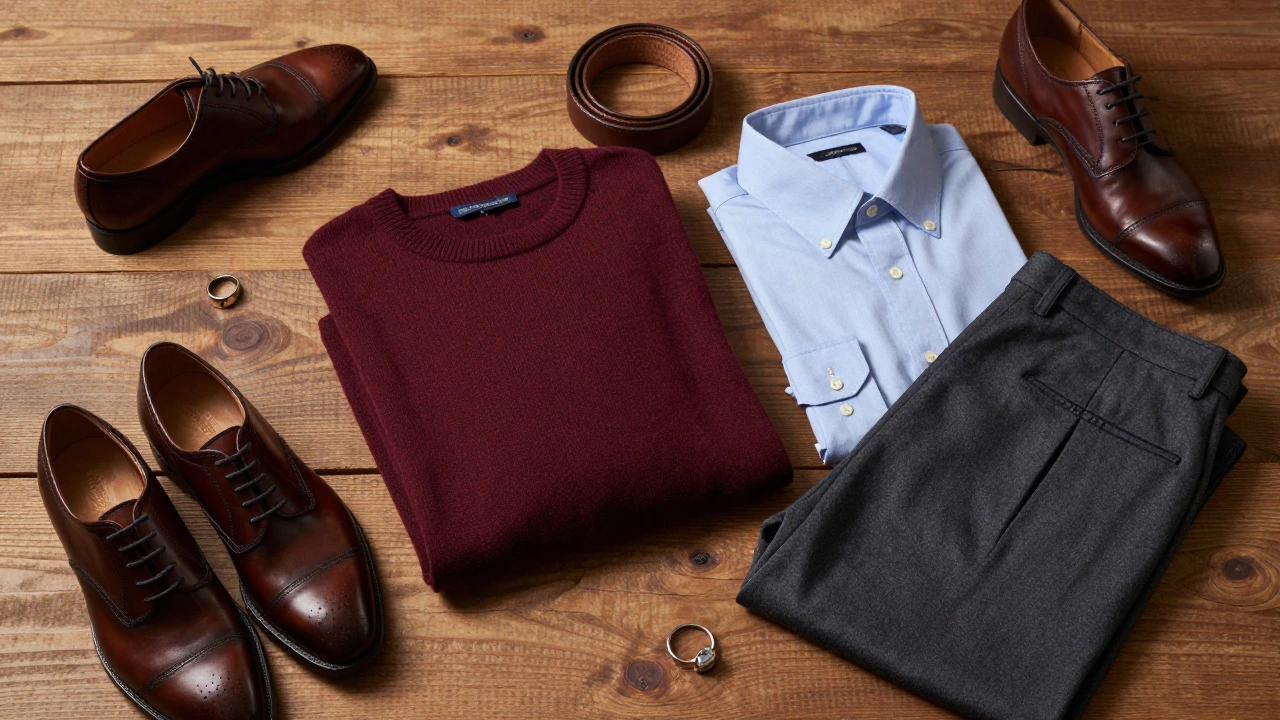 Arranged men's wardrobe essentials including burgundy sweater, trousers, and leather shoes