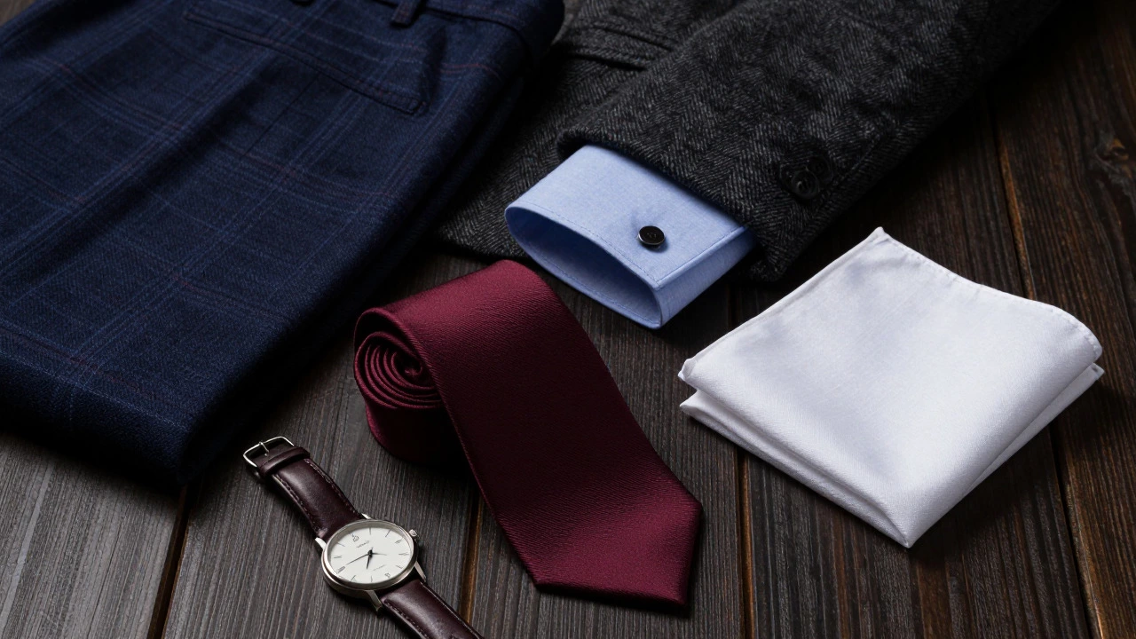 Arrangement of premium menswear fabrics and accessories
