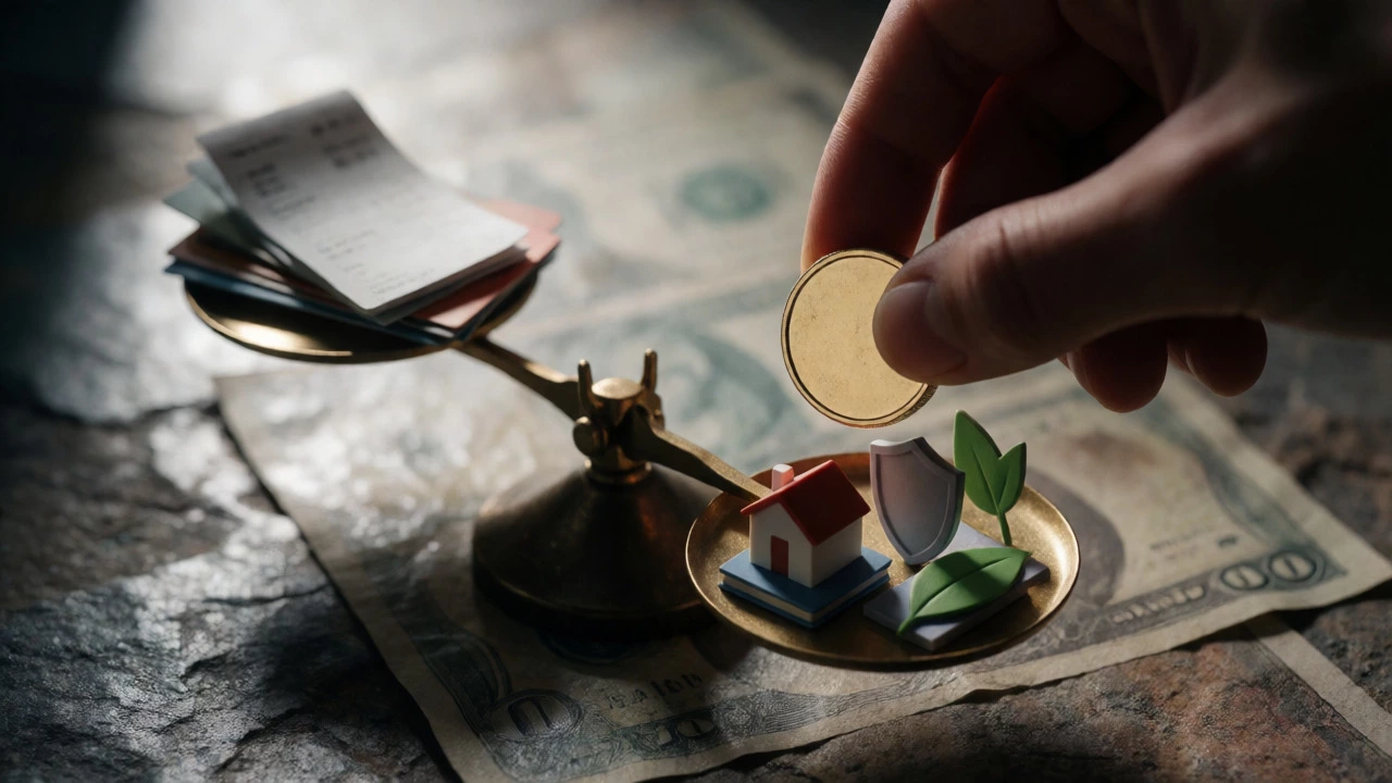 Close-up of a gold coin on a scale balancing debts and investment assets for financial stability.
