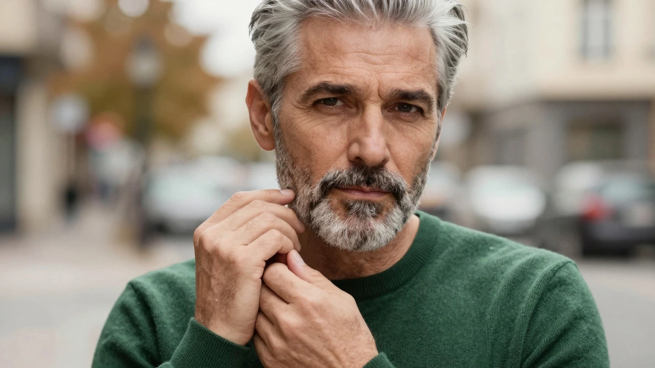 Close-up of a mature man with silver hair adjusting his green sweater cuff