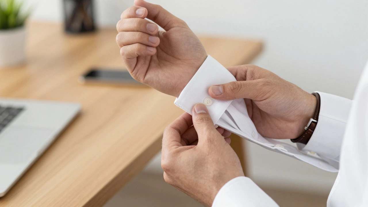 Close-up of hands adjusting a crisp shirt cuff, highlighting quality fabrics and timeless style details.