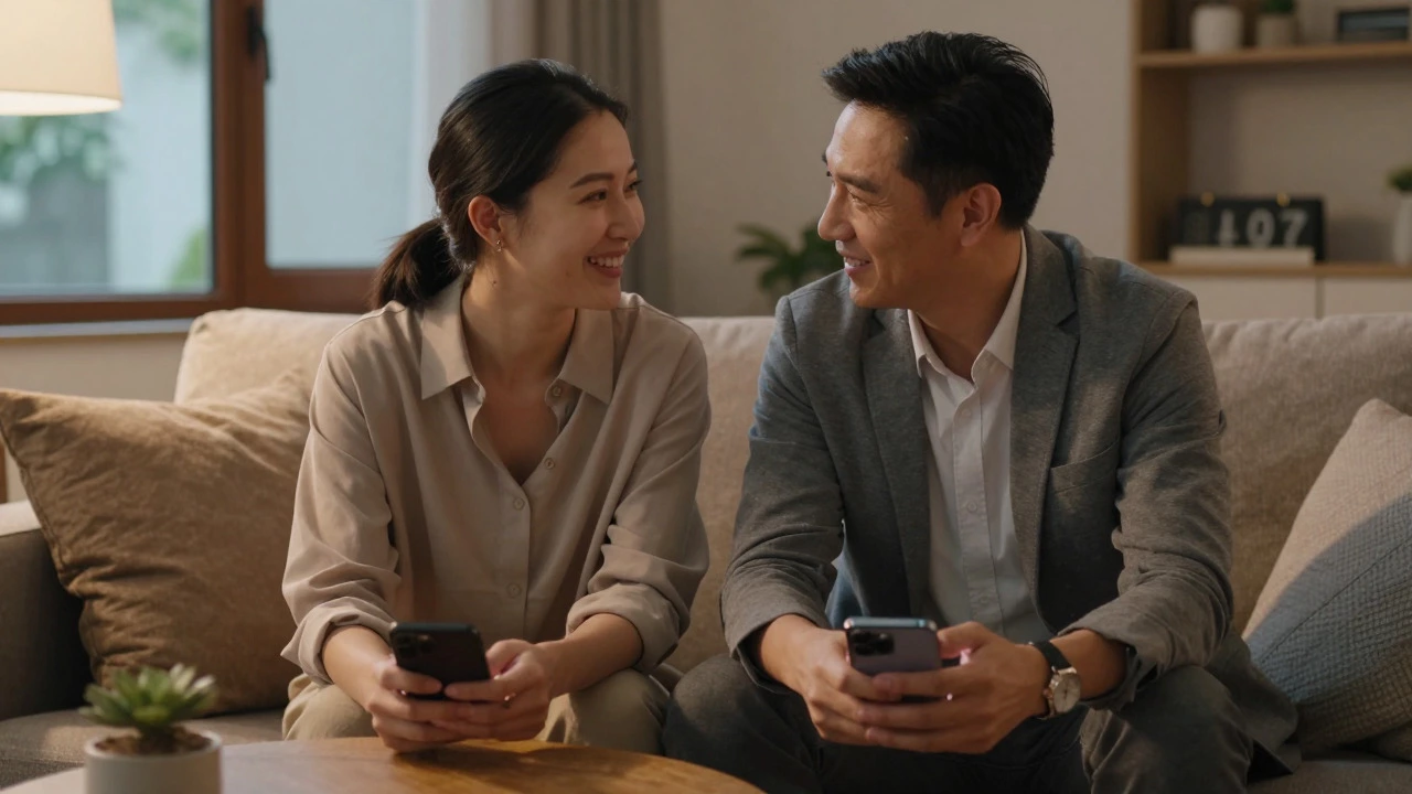 Couple talking intimately on sofa with phones put away nearby