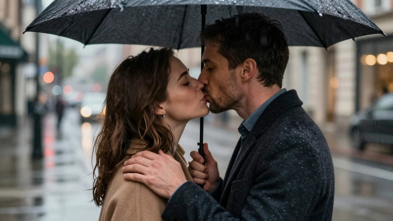 Gentle, respectful kiss between a couple in the rain