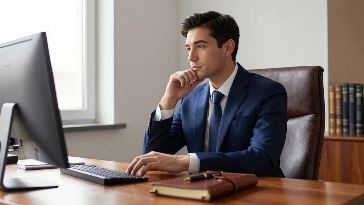 Gentleman in suit listening intently in a sunlit study environment
