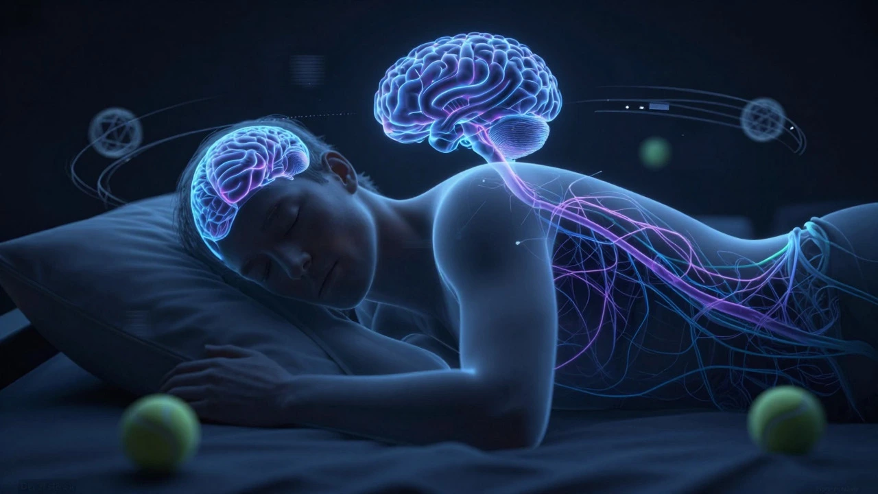 Glowing neural network in a sleeping man's brain, symbolizing cognitive recovery and reaction speed.