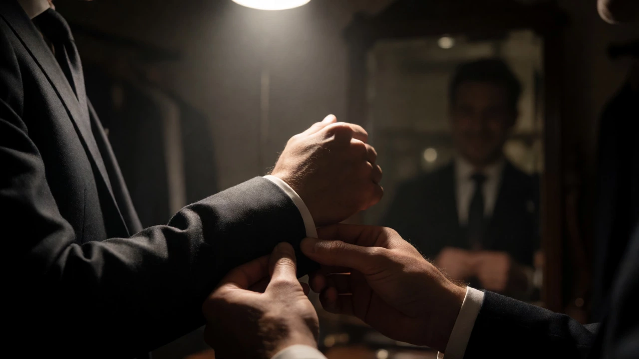 Hands adjusting suit cuffs in elegant setting, symbolizing personal refinement.