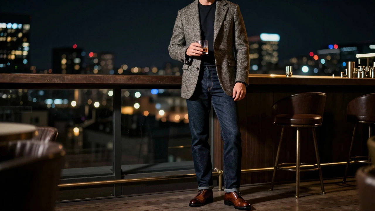 Man in smart casual attire at a rooftop bar