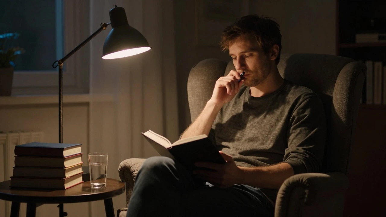 Man journaling in a dimly lit study at night