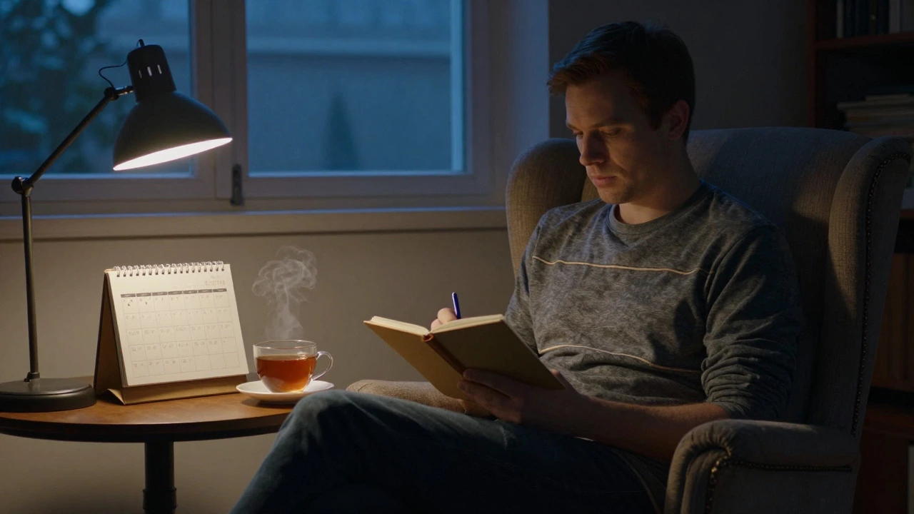 Man reviewing his journal and habit tracker in a cozy evening study setting