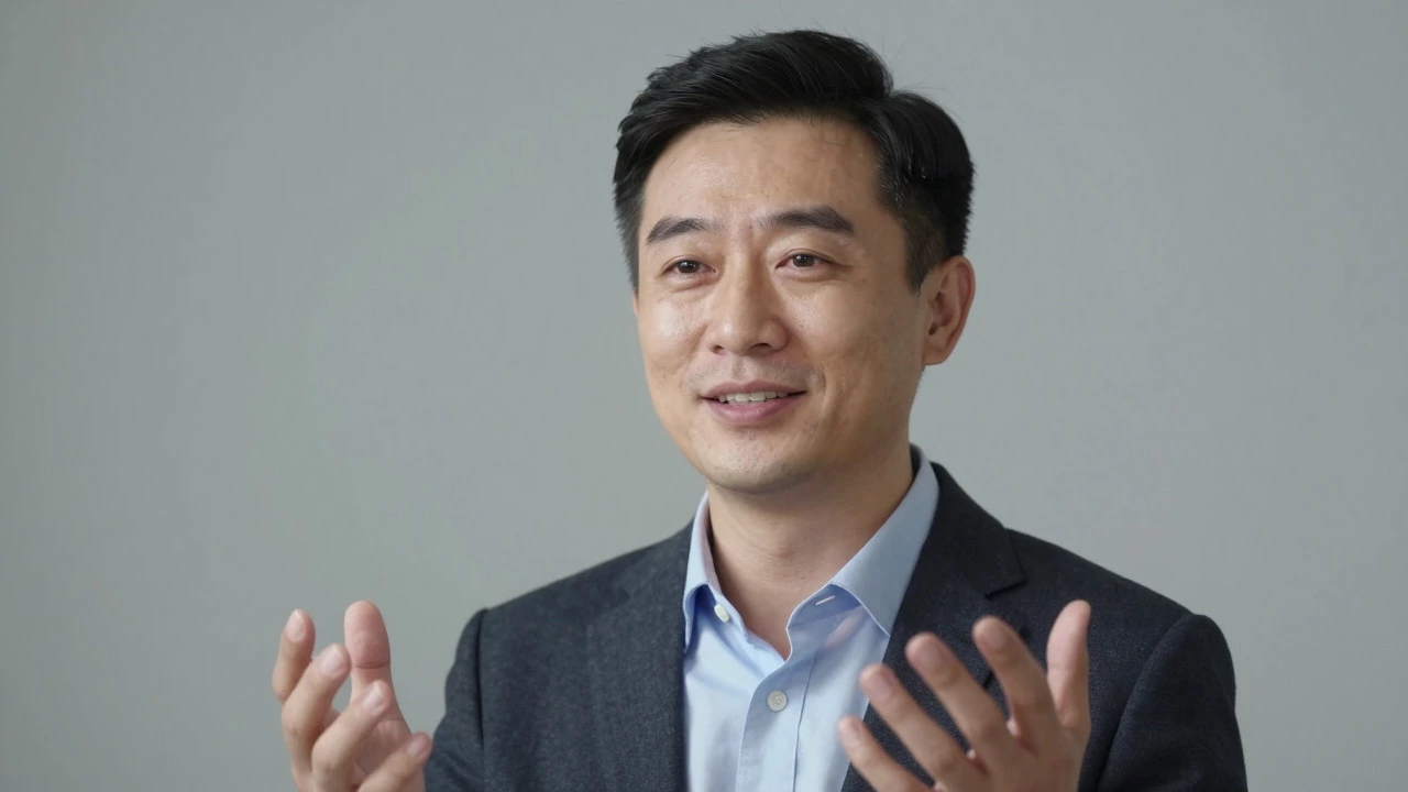 Portrait of a confident man speaking with calm and open gestures