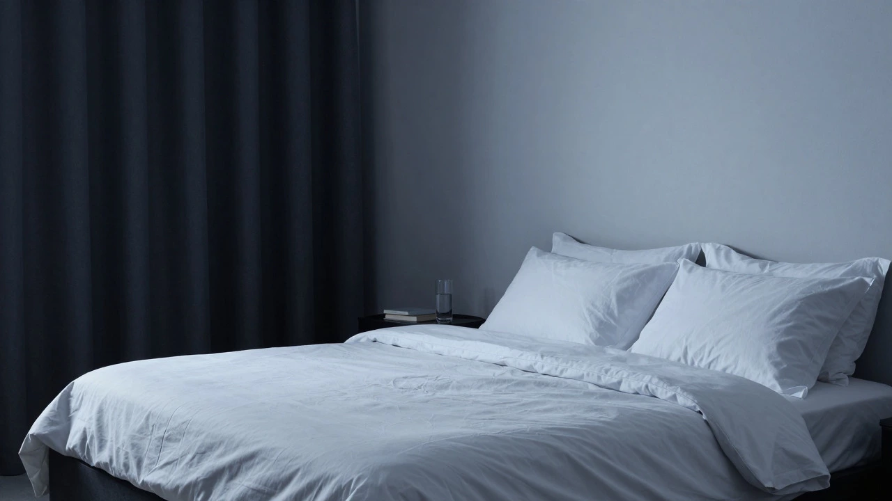 Serene, dark bedroom with cool tones and no electronics, illustrating optimal sleep hygiene setup.
