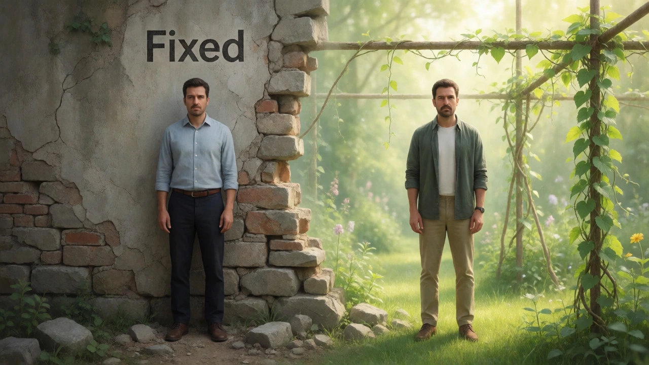 Split image showing transition from rigid fixed mindset to flexible growth mindset.