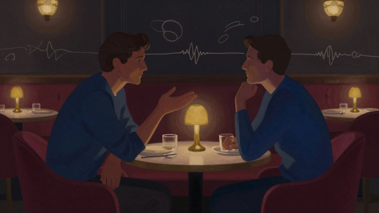 Two people engaged in deep, respectful conversation at a cafe table, illustrating active listening.