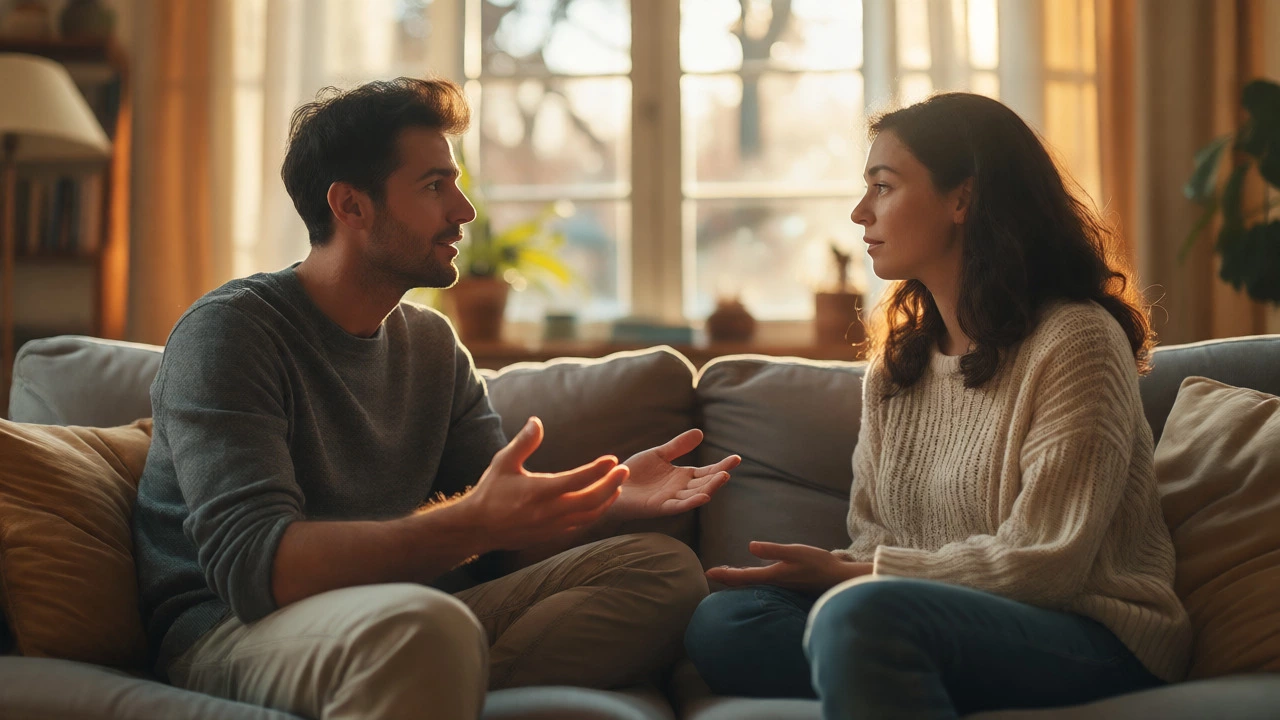 A couple engaging in open, honest conversation on a sunny sofa.