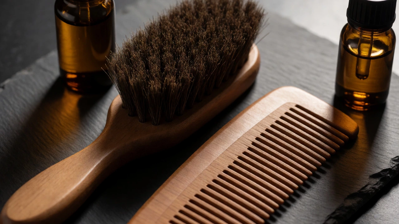 Close-up of a boar bristle brush, wooden comb, and beard oil bottles on slate