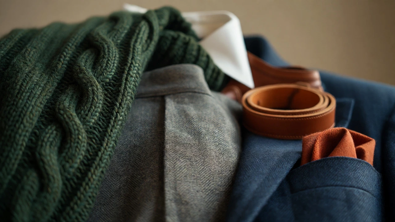 Close-up of mixed textures including knitwear, wool, and leather accessories