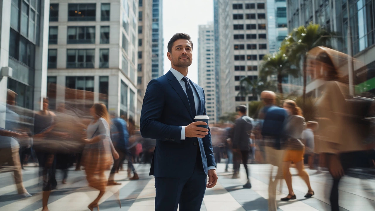 Composed man in a suit standing still while a busy city crowd blurs past him.