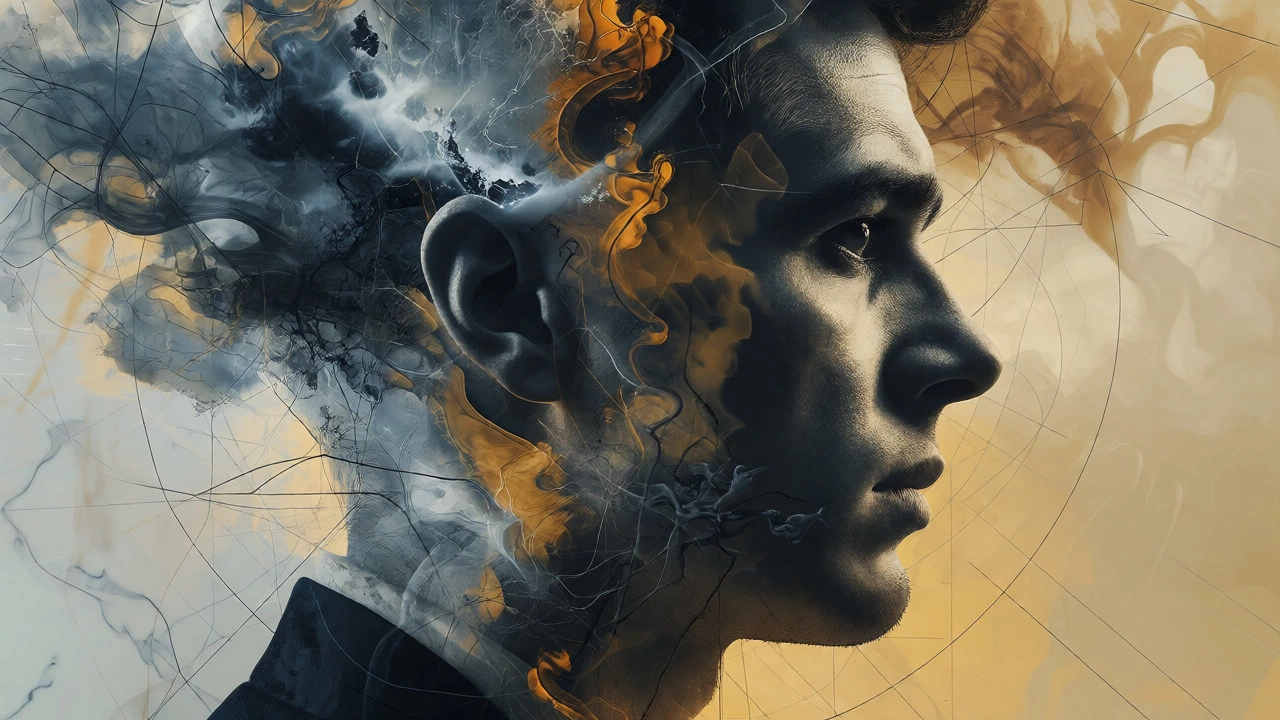 Conceptual portrait showing internal anxiety behind a calm exterior.