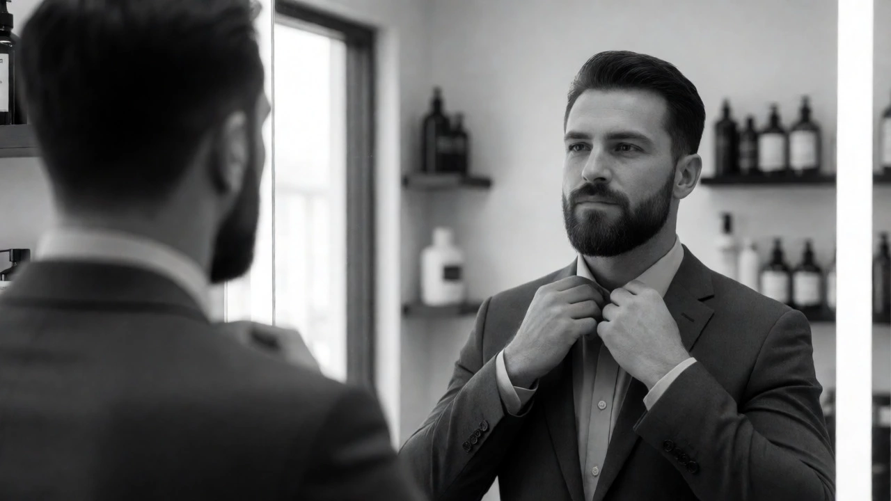 Confident gentleman with a well-groomed beard checking his reflection in a mirror