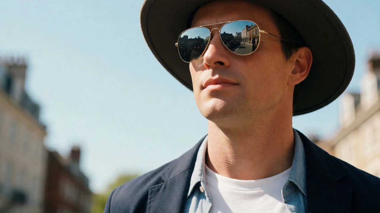 Confident man wearing aviator sunglasses and hat outdoors