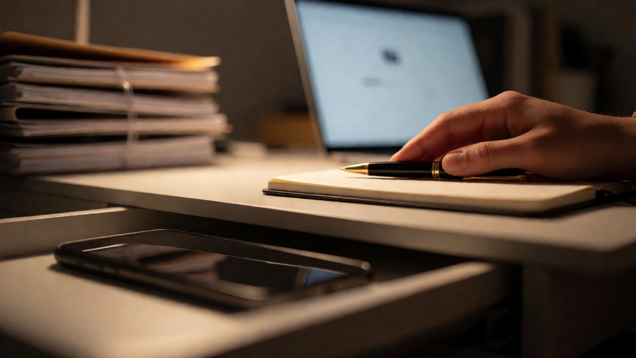 Focused workspace with phone hidden in drawer