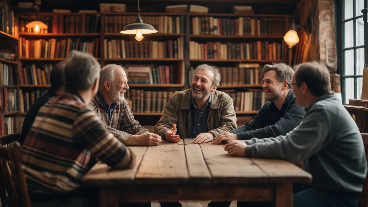 Group of men having deep conversation around a table in a cozy library setting.