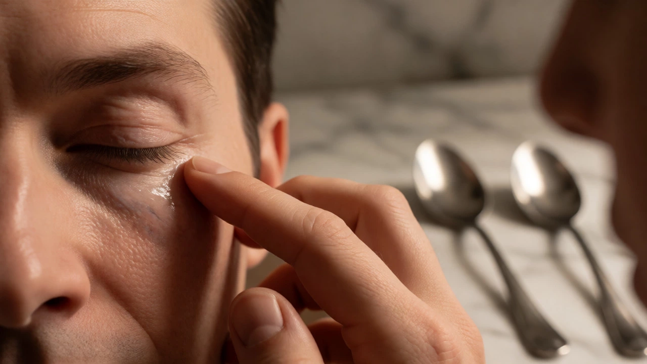 Man applying eye serum with chilled spoons nearby in macro shot