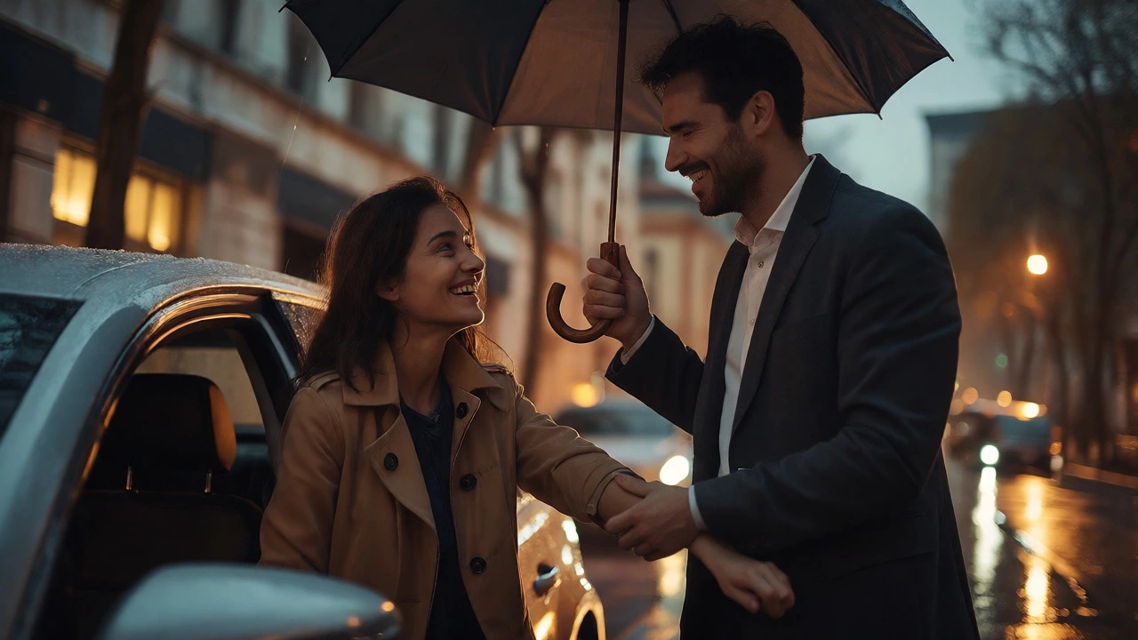 Man holding an umbrella for a woman in the rain with a smile
