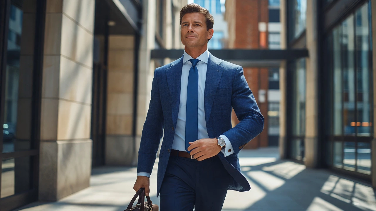 Man in a monochromatic blue suit walking confidently in a city setting