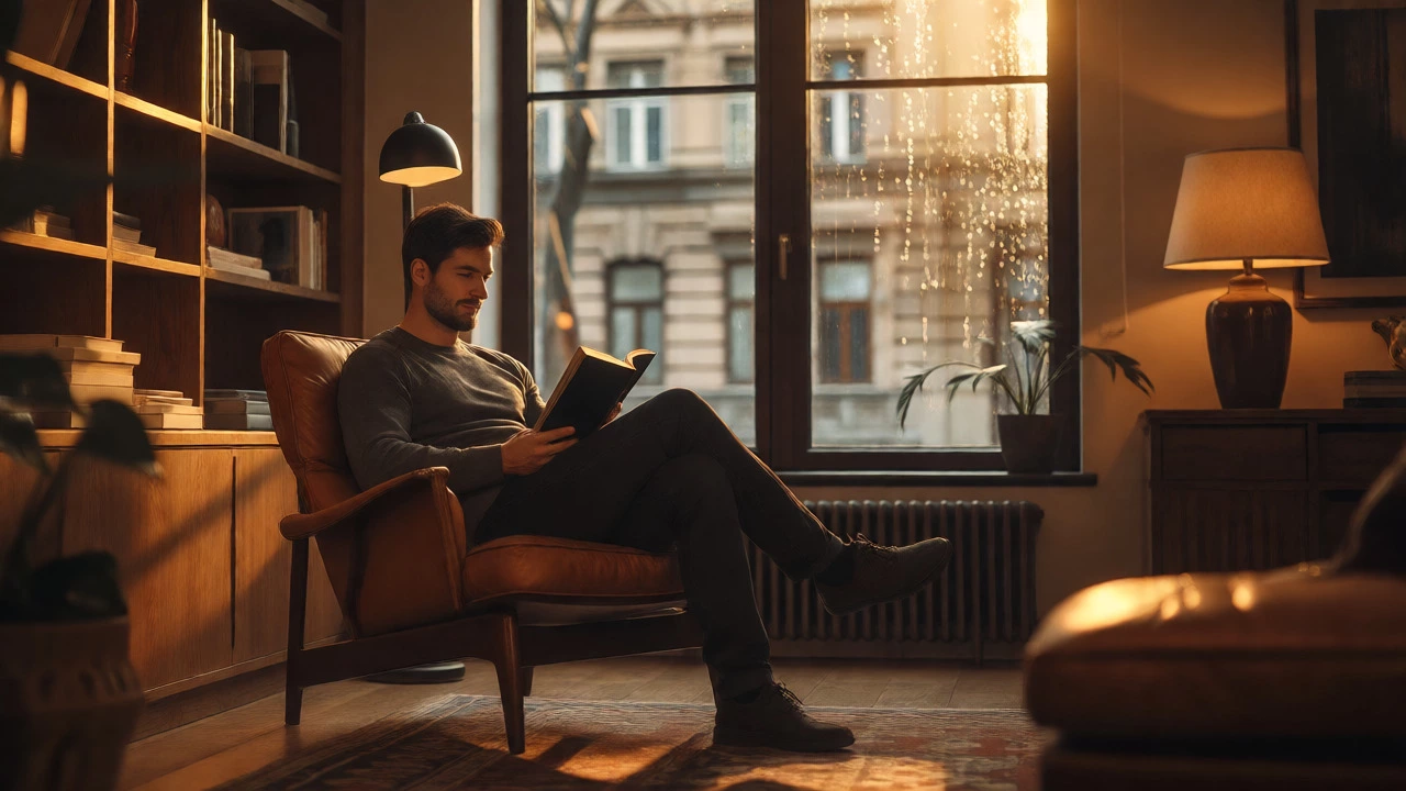 Man relaxing in an armchair reading while watching rain outside