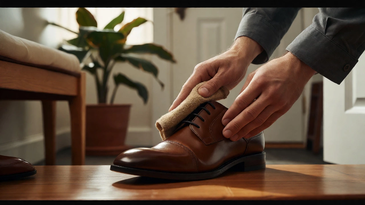 Man’s hands polishing a leather shoe in a tidy entryway, focusing on detail and care.
