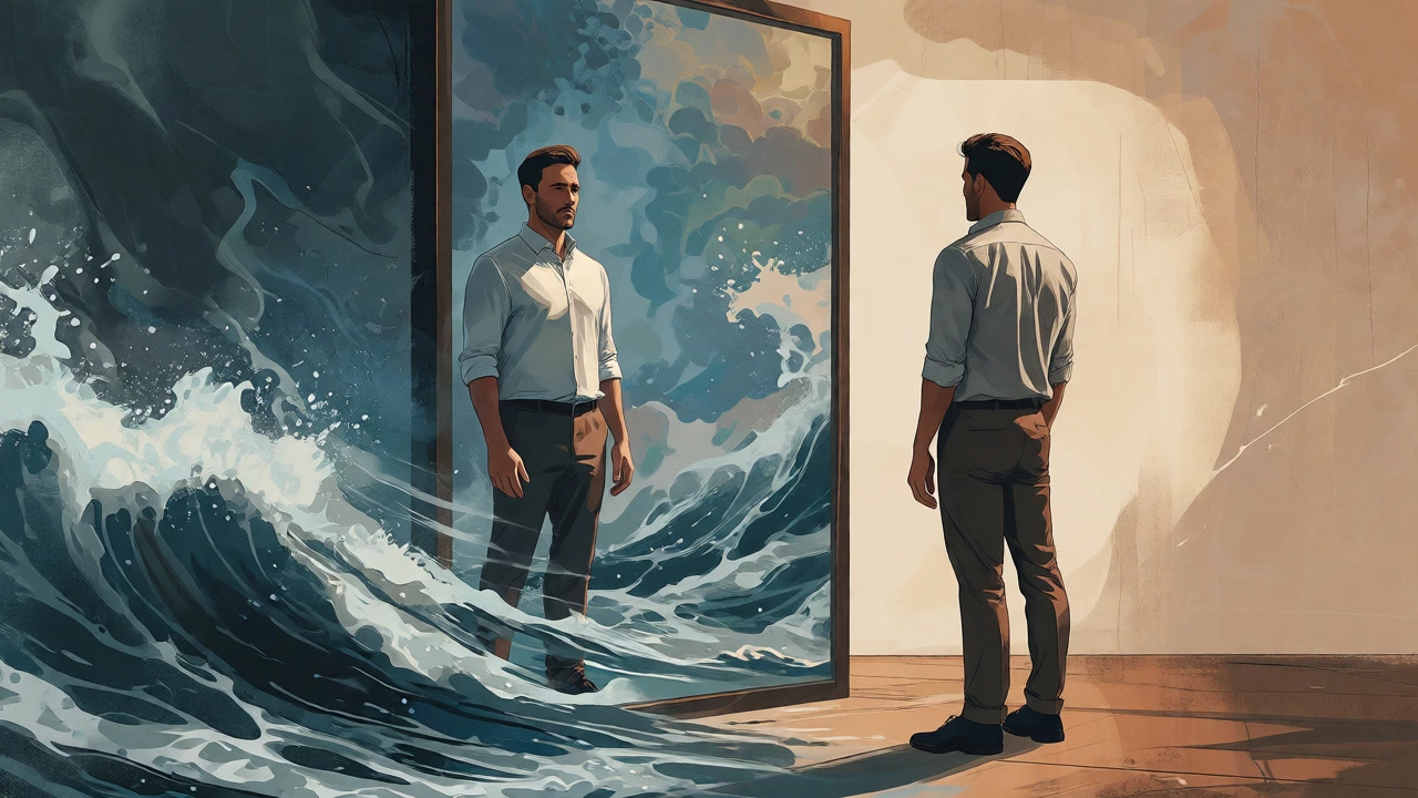 Man standing calmly before a mirror reflecting inner turmoil