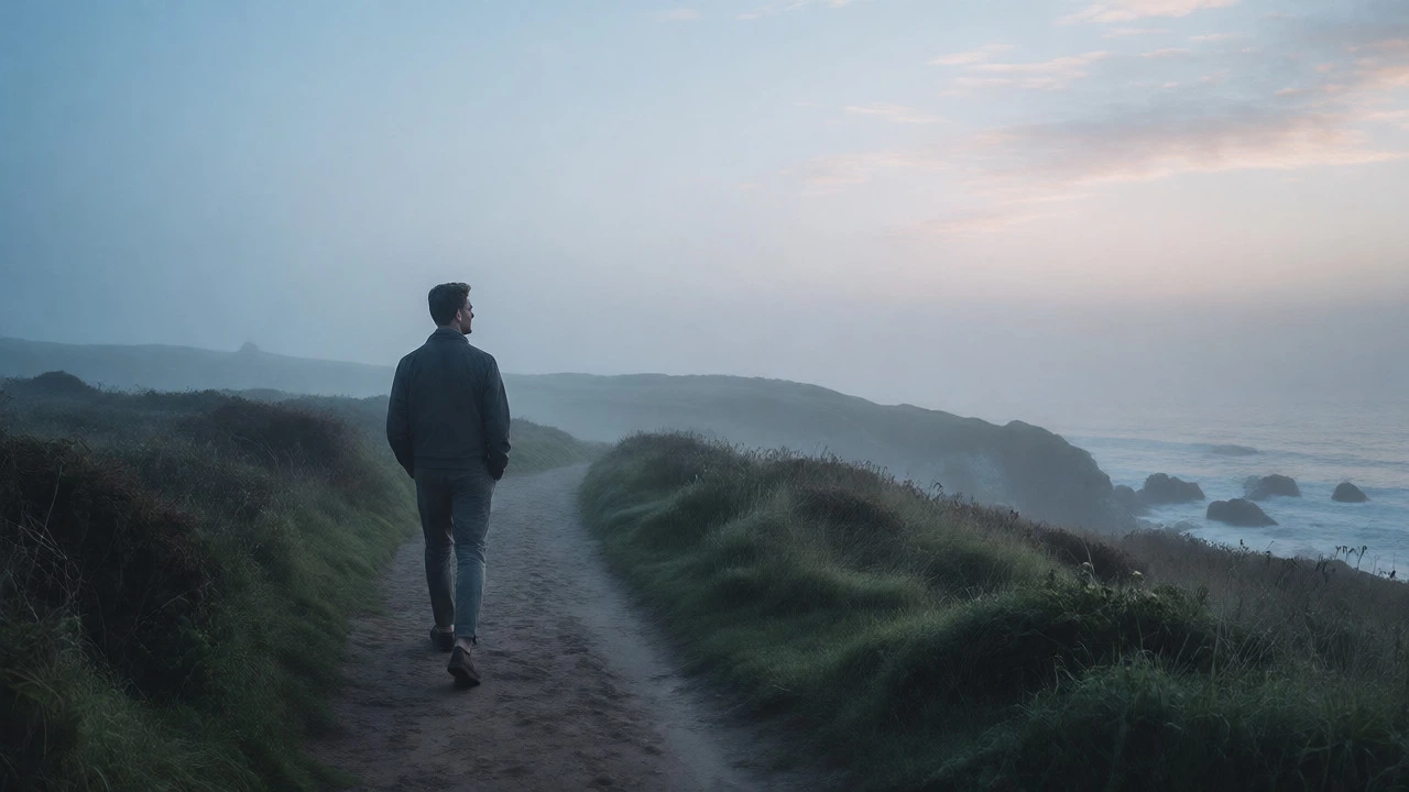 Man walking on a misty coastal path practicing mental pause