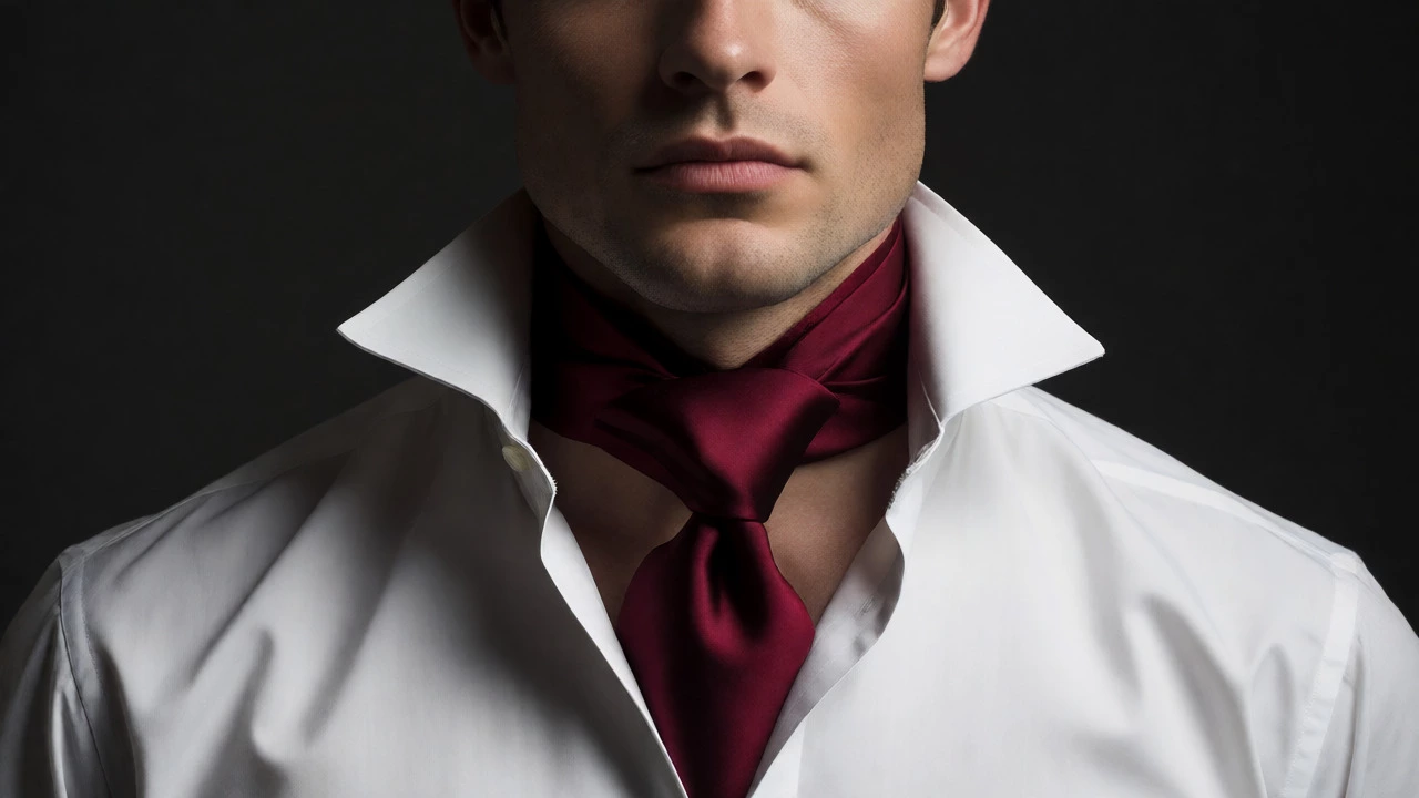Man wearing a white shirt with a wide cutaway collar and full Windsor tie.