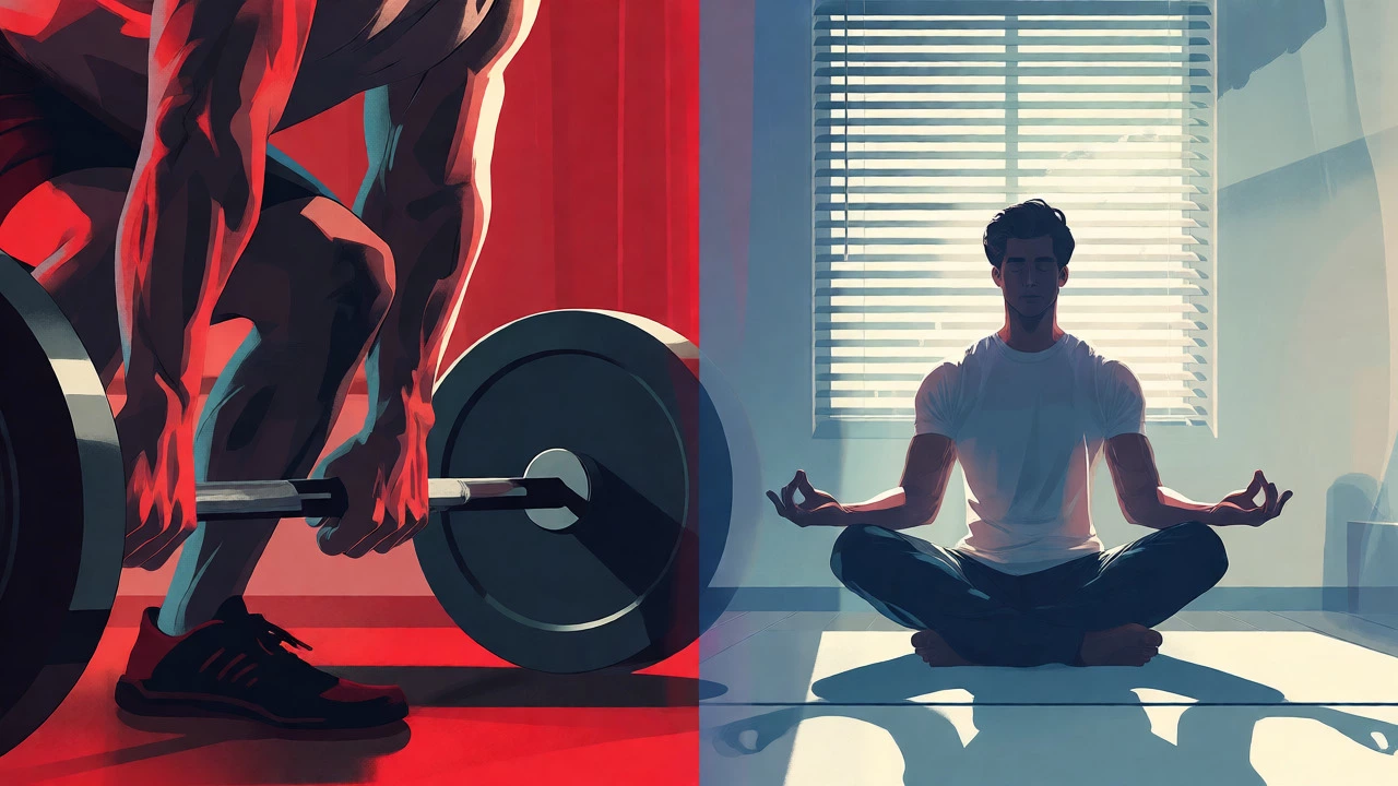 Split image showing weightlifting and meditation, representing physical and mental balance.