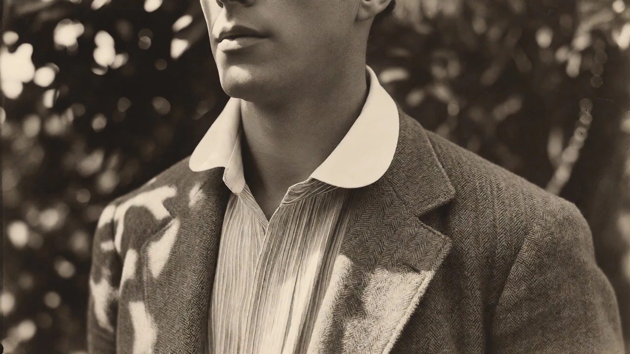 Vintage look man in a rounded club collar shirt and tweed blazer outdoors.