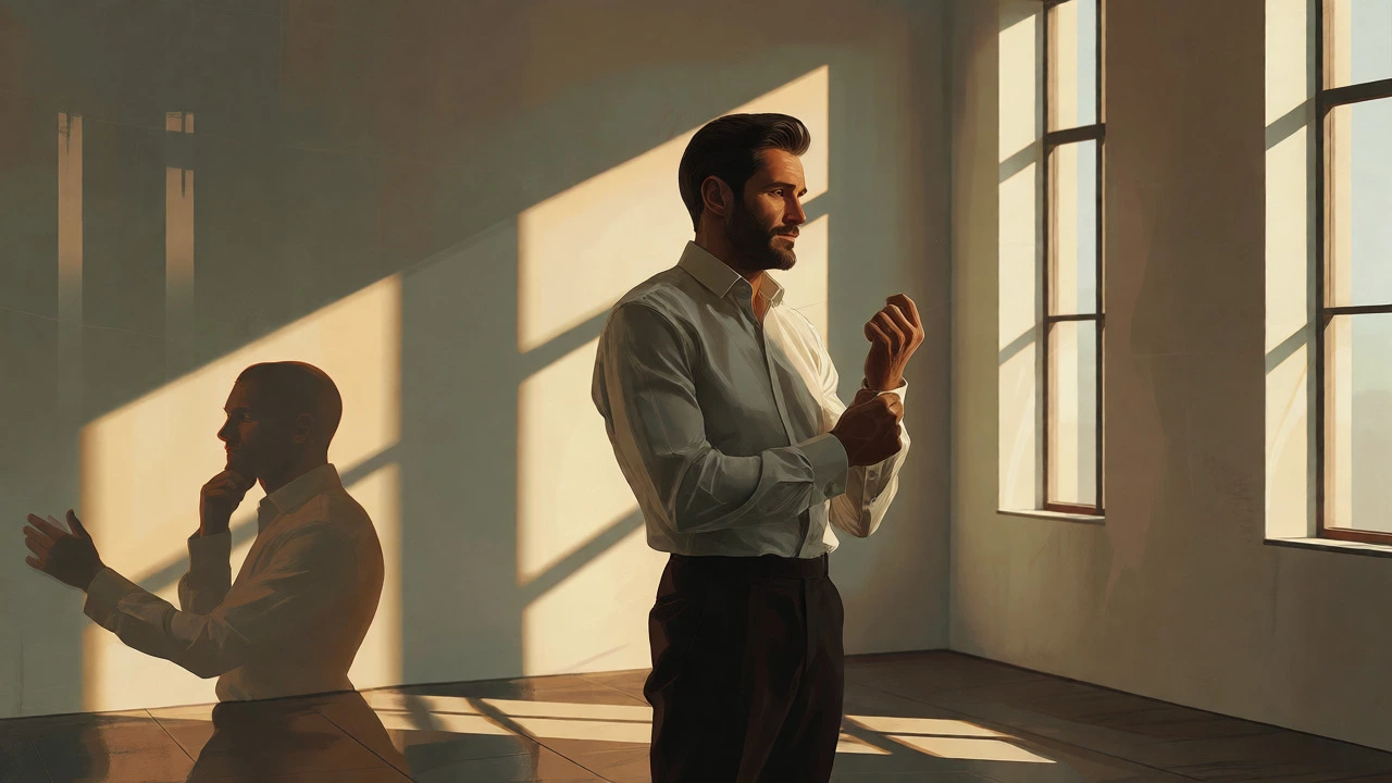Well-groomed man standing confidently in a sunlit minimalist room
