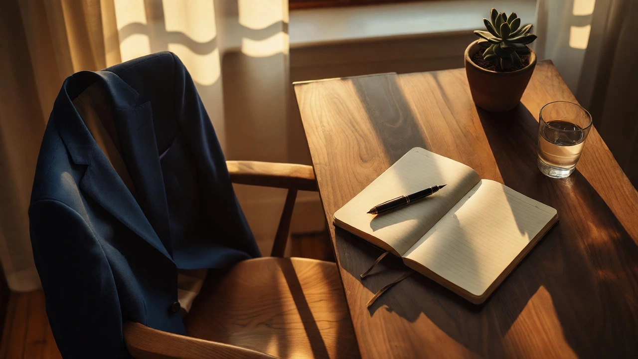 A tailored suit jacket and open notebook on a tidy desk, bathed in warm afternoon sunlight, symbolizing routine.