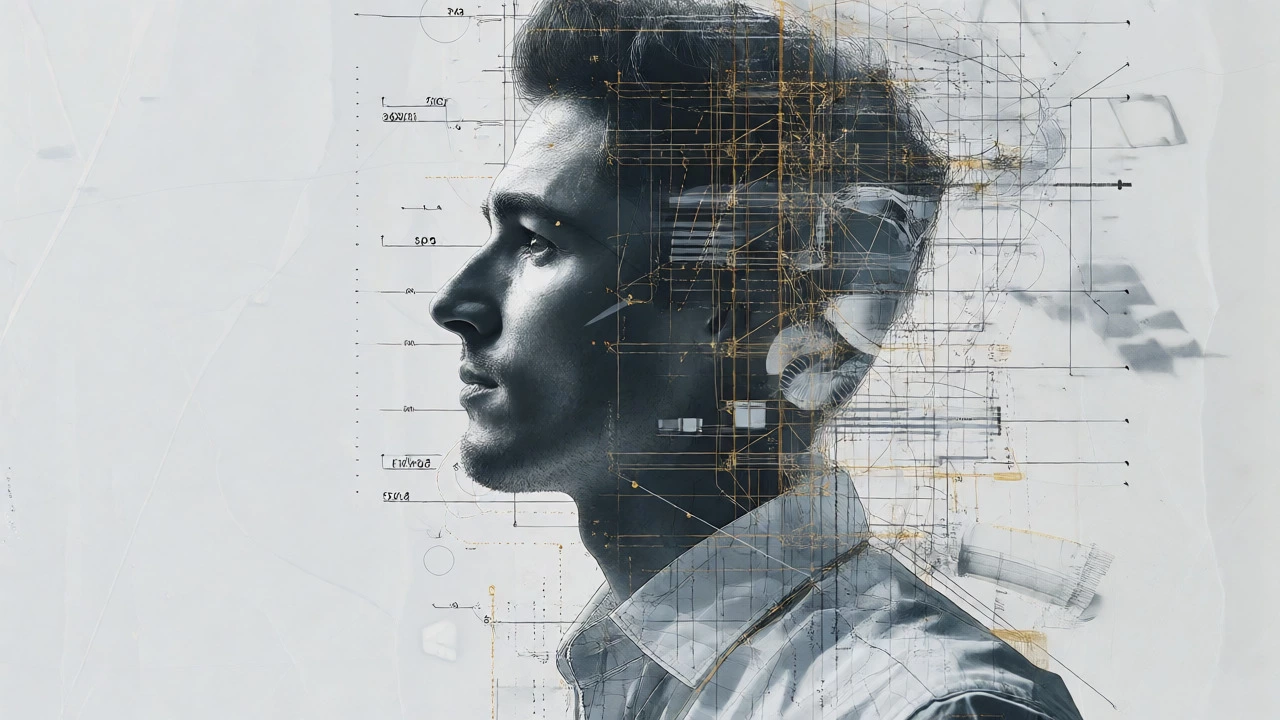 Abstract overlay of man and architectural blueprints