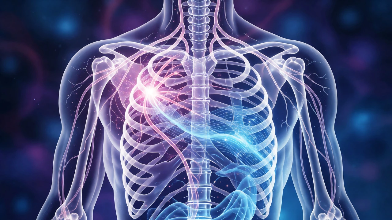 Abstract visualization of male internal health showing glowing bones, nerves, and brain activity from supplements.