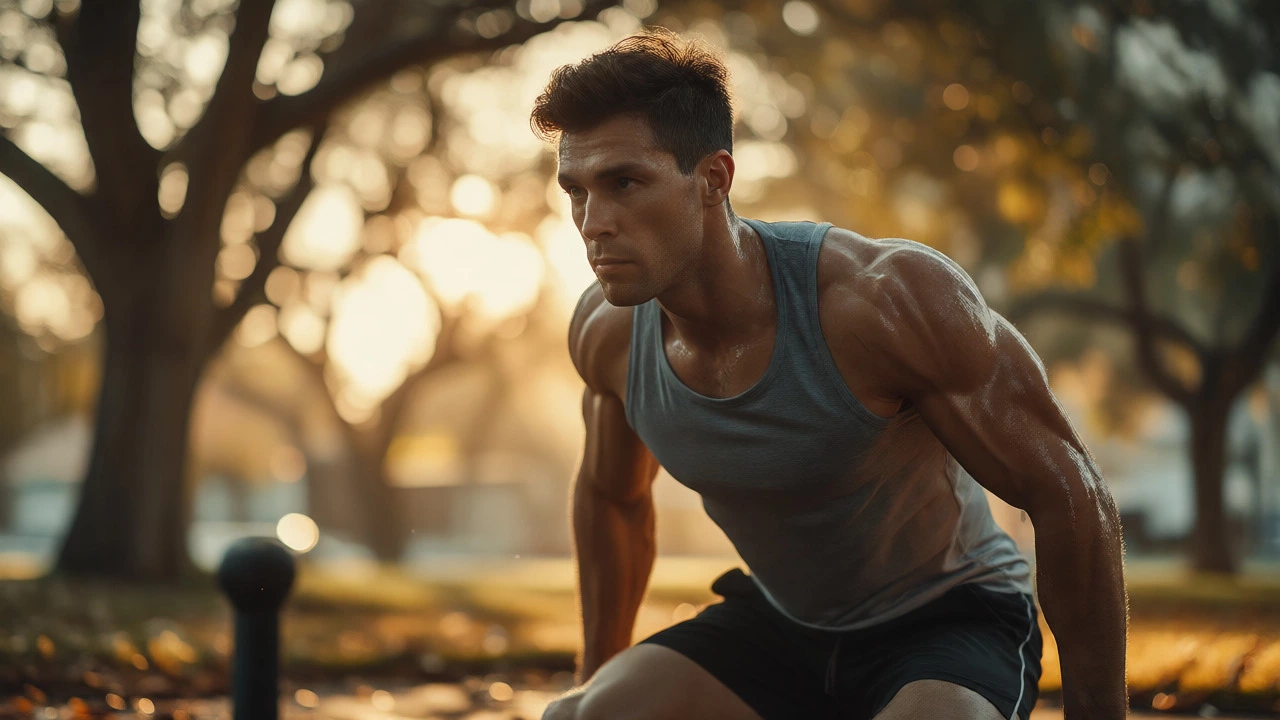 Athletic man exercising outdoors with confident upright posture