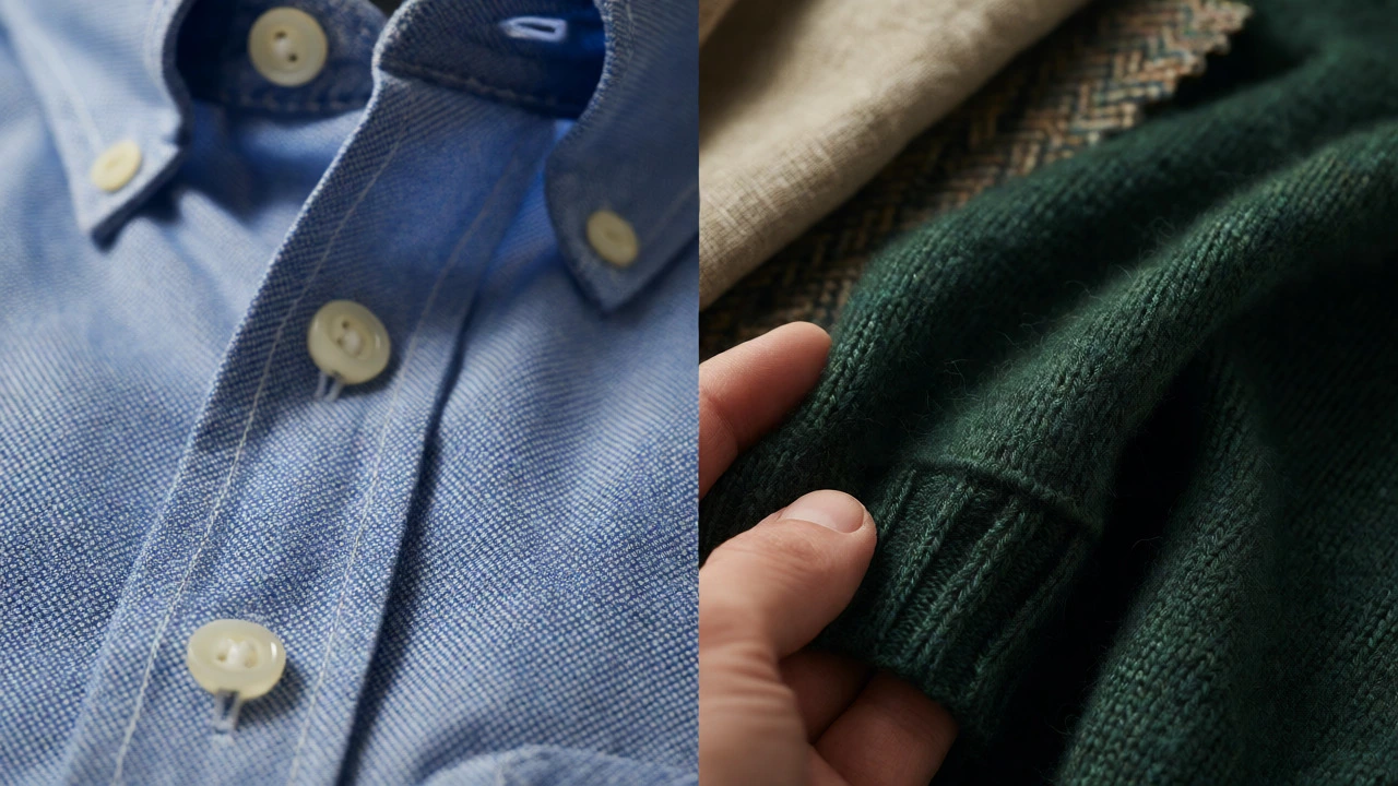 Close-up comparison of textured Oxford cotton shirt fabric and fine merino wool sweater material.