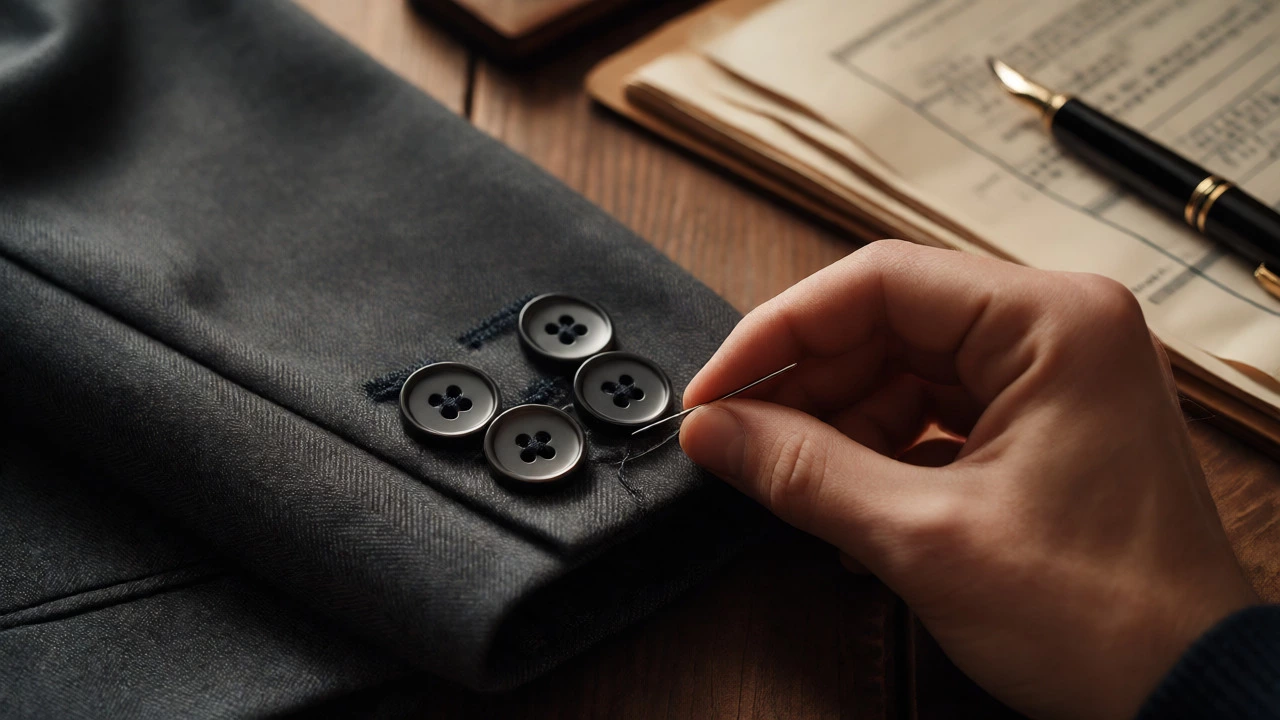 Close-up of a hand sewing a button on a suit near a tidy desk.