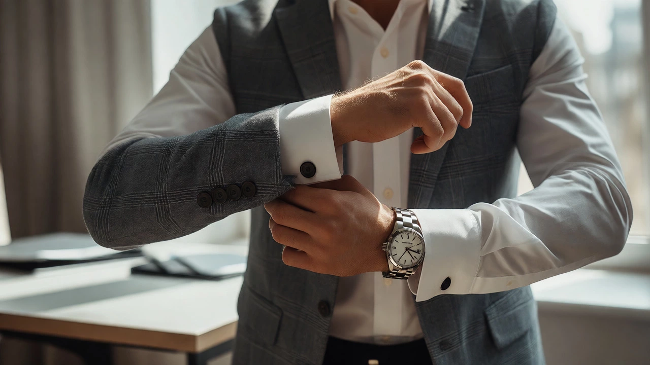 Close-up of a man adjusting his cufflink, emphasizing grooming and style.