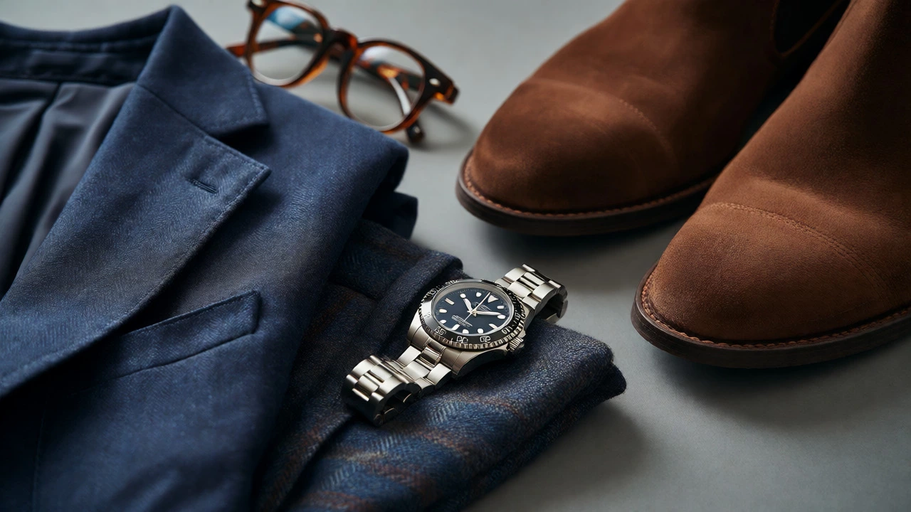 Close-up of high-quality menswear essentials like boots and watch