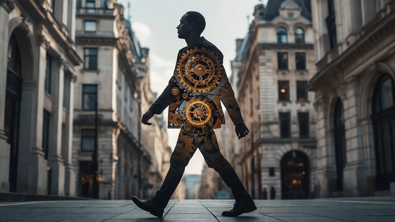 Double exposure of a man walking in the city overlaid with intricate watch gears, representing mental resilience.