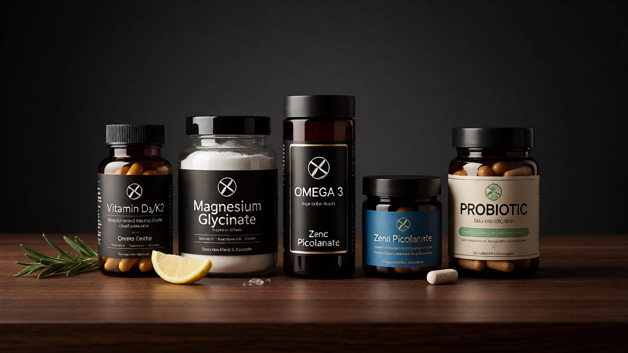 Elegant arrangement of five essential men's health supplements on a dark wooden table with natural accents.