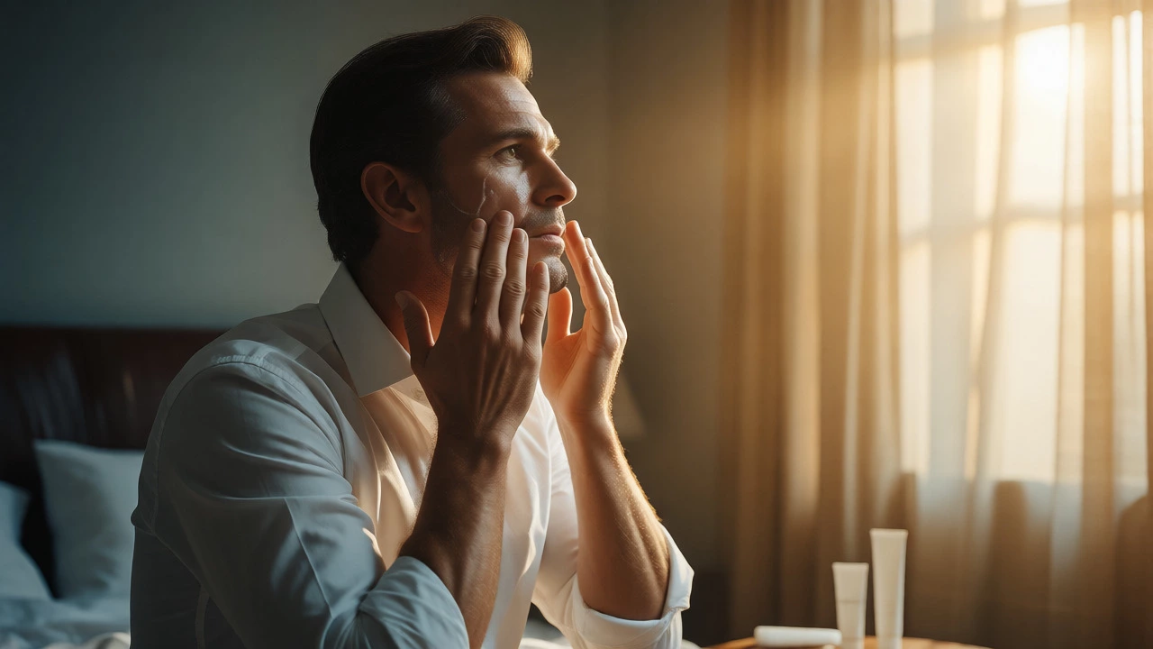 Gentleman applying moisturiser in a sunlit bedroom