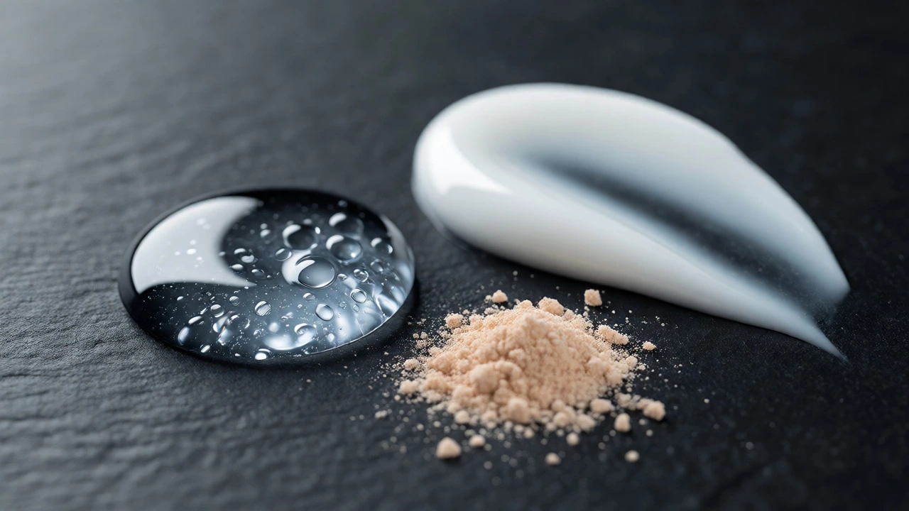 Macro shot of hyaluronic acid, ceramide cream, and niacinamide powder